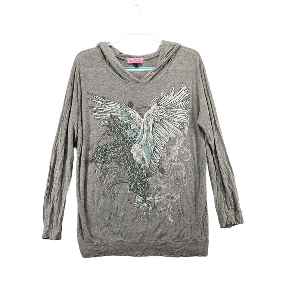 Sugar High Women's Wings Cross Pullover Graphic Hoodie Gray 2X Lightweight - Picture 1 of 16